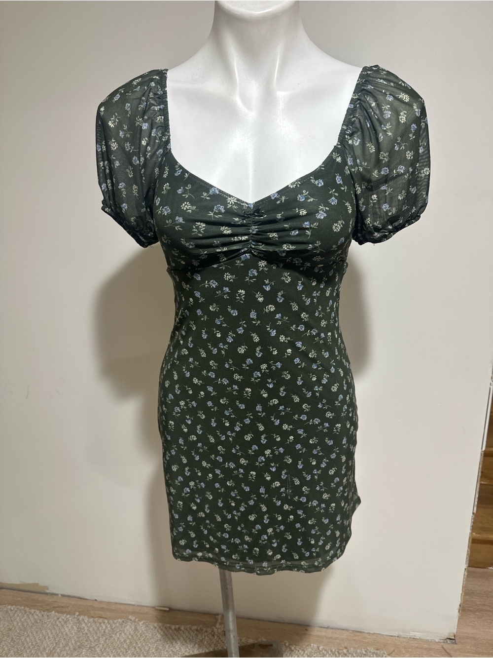 Spoiled Olive Green Mini Dress with Light Blue Floral Print